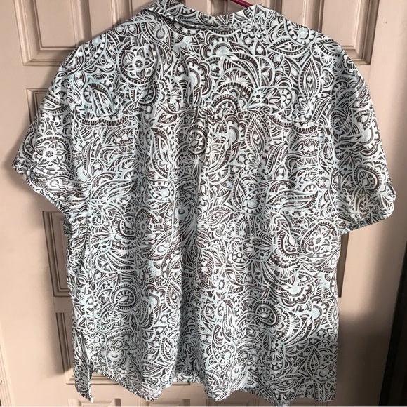 Liz Co. SzW3X Short Sleeves Cotton Aqua/Blk Graphic Print  Button Front Collar - Picture 2 of 6